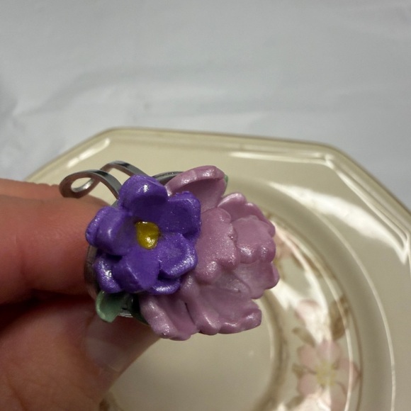 Floral Pink and Purple Ring from polymer clay - Picture 7 of 8